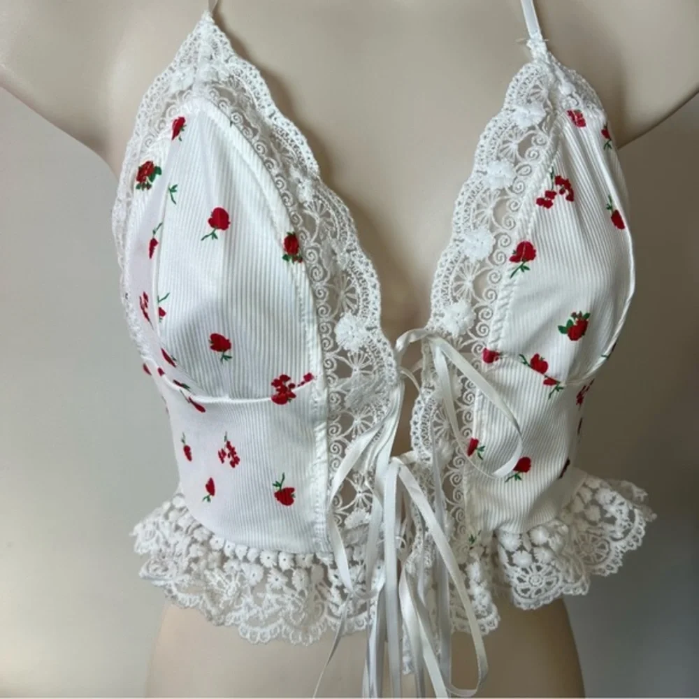 lace trim halter top white red rose adjustable ties SHEIN Size XS - Picture 7 of 8